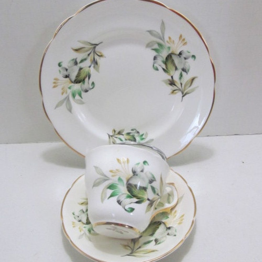 English Teacup Luncheon set 3 Piece Green Floral Teacup set Regency Bone China